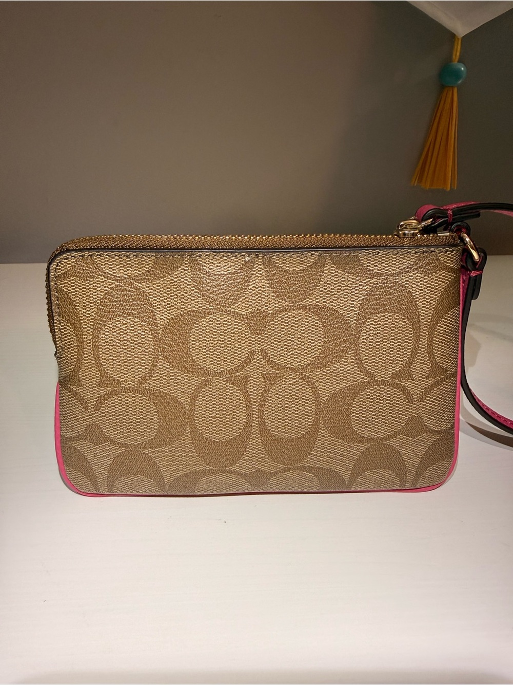 Coach Tan Signature Canvas Wristlet with Pink Leather Center Stripe - Picture 2 of 4